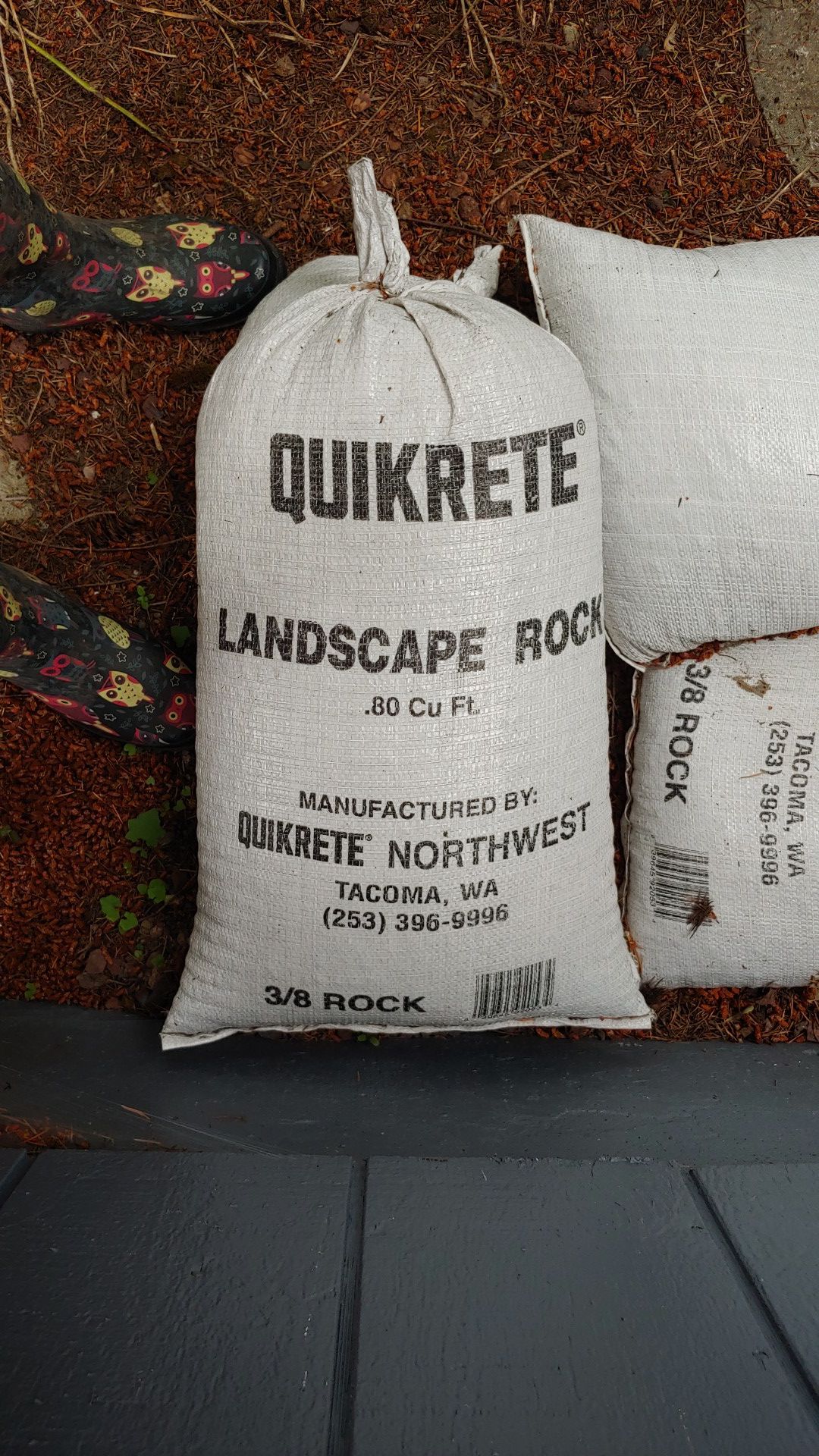 $25 for all 5 bags of Quikrete 3/8 landscape rock .80 cubic ft a bag.