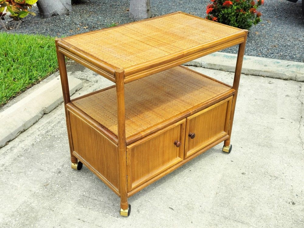 Vintage Rolling Rattan and Wicker Multipurpose Bar Cart / Serving Cart with Cabinet Space, Storage Shelf, Casters.
