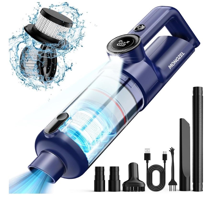 Handheld Vacuum Cordless - Car Vacuum Cleaner with Brushless Motor, 15000Pa Strong Suction Vacuum with LED Light, 2 Filters