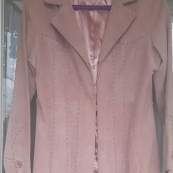 SADDLE RIDGE 100% LEATHER 1/2 OFF STUNNING PASTE0L PINK LONG COAT W/PASTEL BLUE STITCHING ACCENTS LONG SLEEVES, LONG  JACKET. LINED Size M 