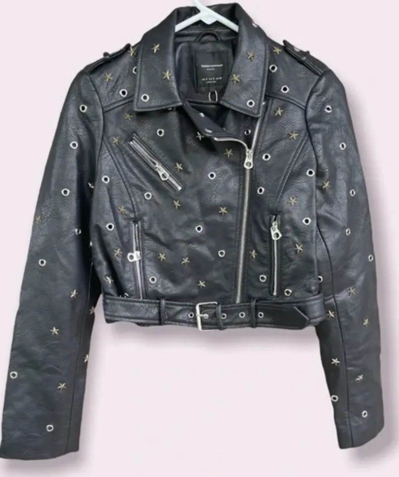 ZARA Women’s Black Star Studded Faux Leather Moto Jacket Size Small