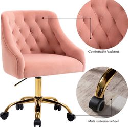 New in the box pink velvet swiveling adjustable height office chair or vanity chair with gold base