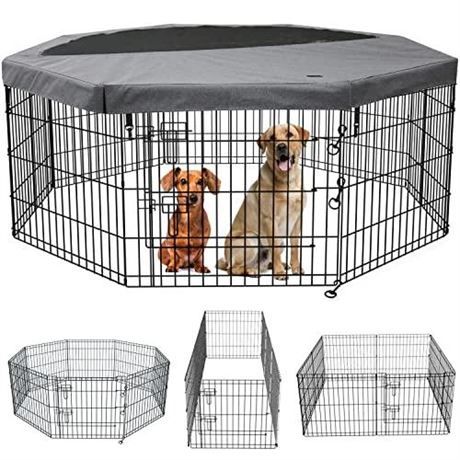 PETIME Foldable Metal Dog Exercise Pen/Pet Puppy Playpen Kennels Yard Fence Indoor/Outdoor 8 Panel 24" W x 30" H with Top Cover (with top Cover, 8 Pan