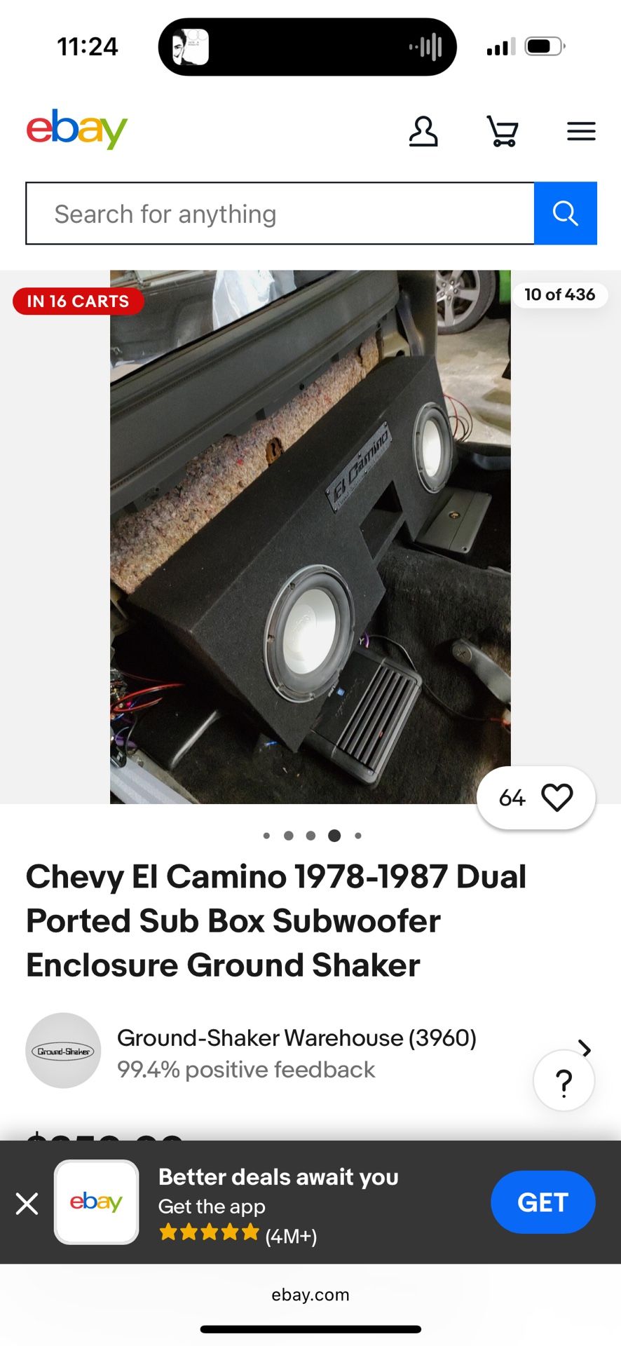 Chevy El Camino 1(contact info removed) Dual Ported Sub Box Subwoofer Enclosure Ground Shaker