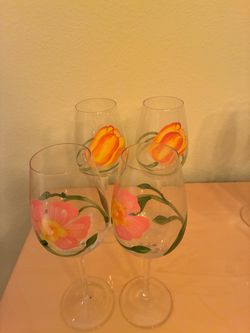 Hand-Painted Floral Wine Glasses Set of 4