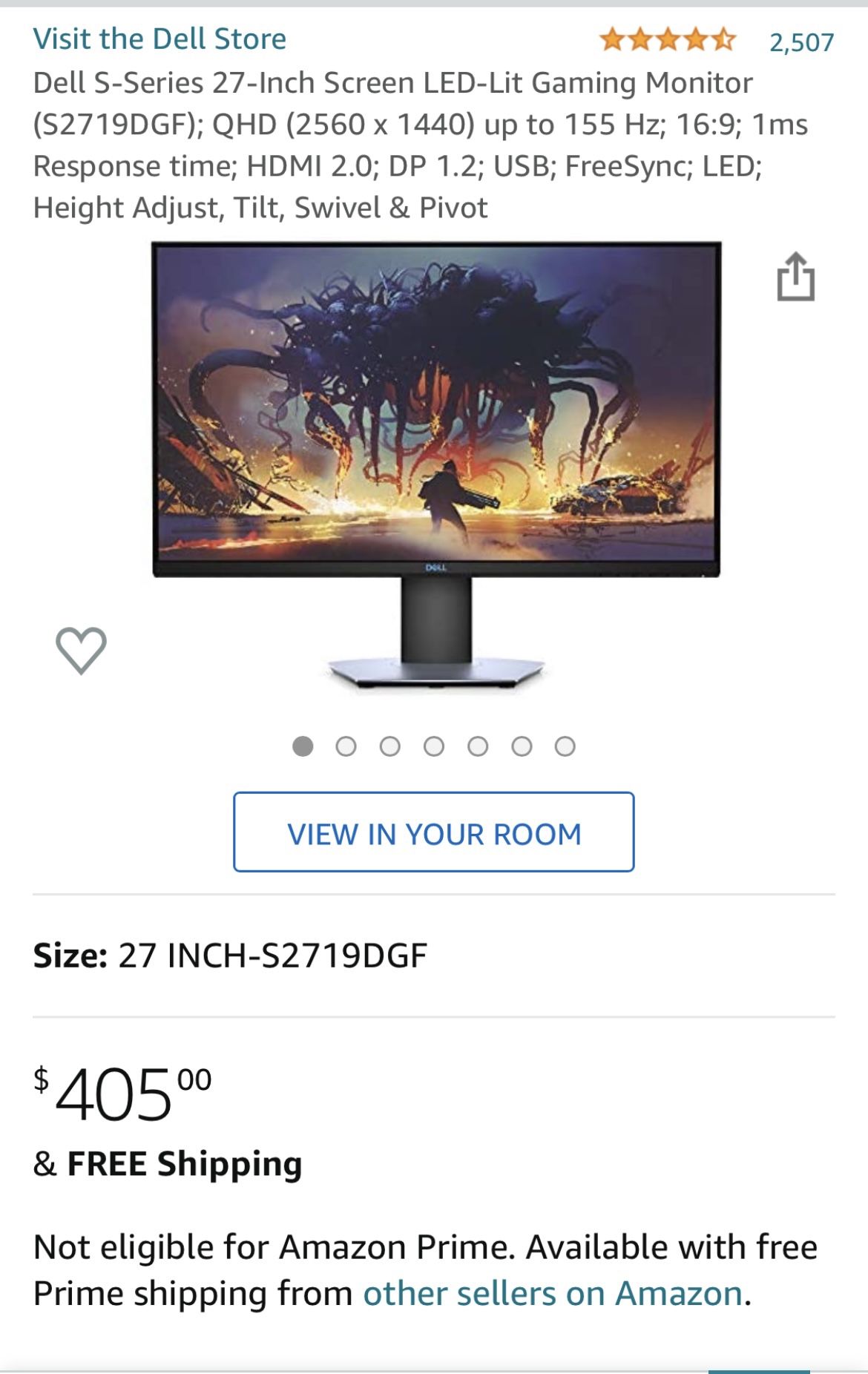 Dell S-Series 27-Inch LED-Gaming Monitor (S2719DGF); QHD (2560 x 1440).144hz