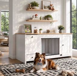 55 Inch Dog Crate Furniture with Storage,Dog Kennel Indoor with Secure Lock & 2 Large Drawers,Decorative Furniture Style Wooden Dog Crates TV Stand fo
