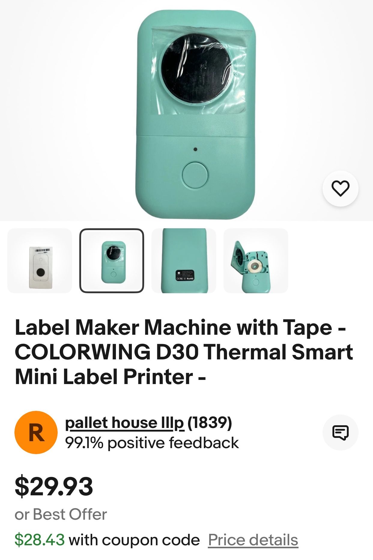 NEW! Phomemo D30 Mini Thermal Label Maker Inkless Printer Bluetooth (Turquoise)