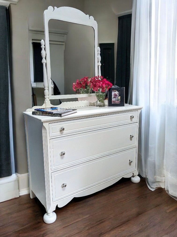 Vintage Large Cream White Dresser, Tilting Mirror