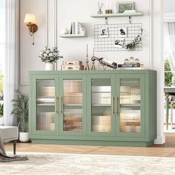 Buffet Cabinet with Storage, 55.1" Large Sideboard Cabinets, Modern Sideboard Kitchen Cabinet with 4 Fluted Glass Doors, Wood Coffee Bar Buffet Table 