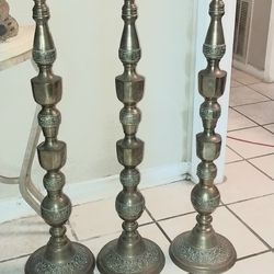 3 Used Brass Candle Sticks Holders 