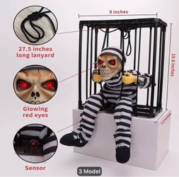 New Animated Halloween Decoration, Skull Ghost Hanging Prop with Spooky Sound, Touch Activated Prisoner Haunted House Decor, Includes 20G Spider Web A