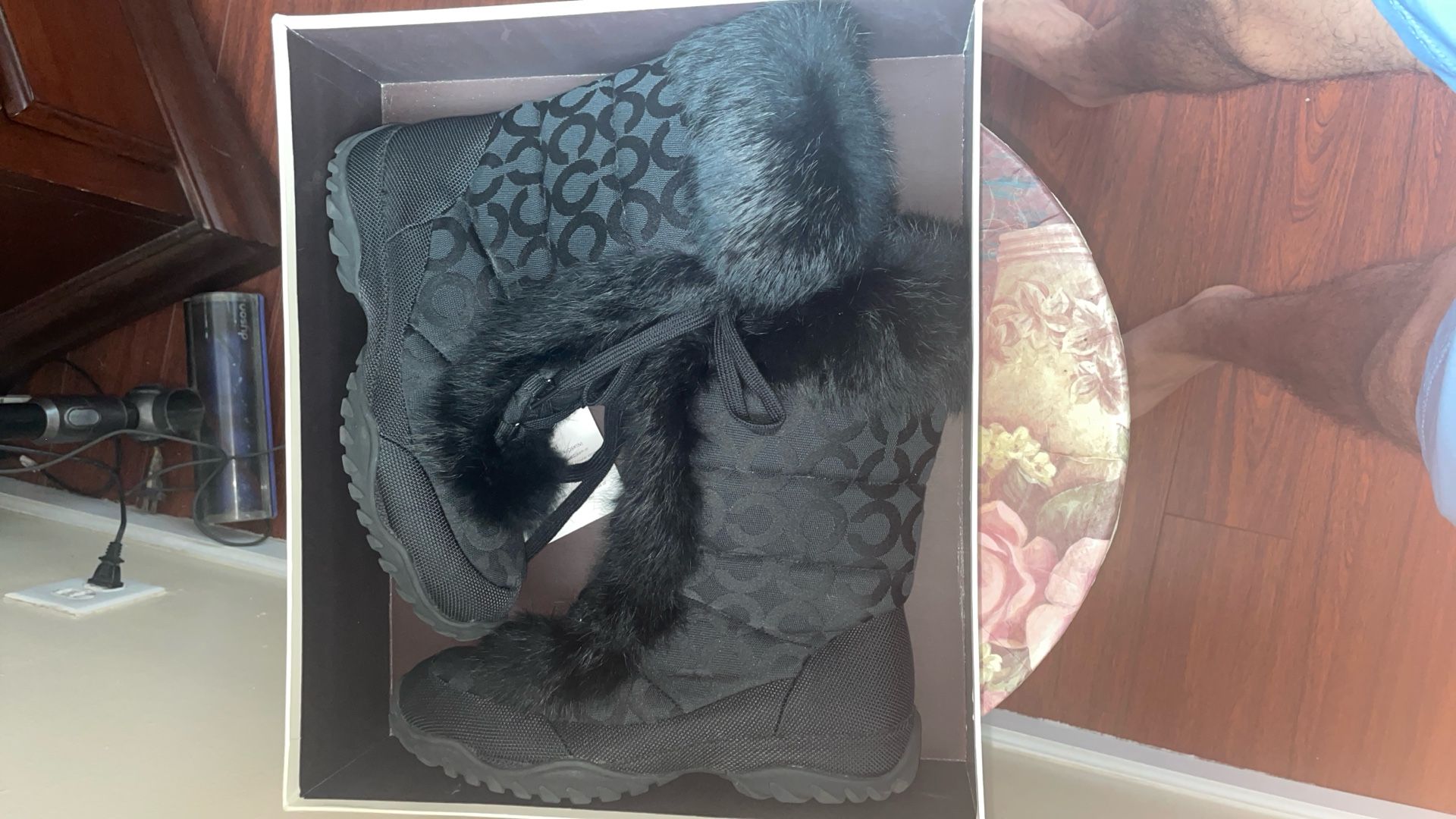 Coach Jennie Rabbit Fur Trimmed Snow Boots Logo Jacquard