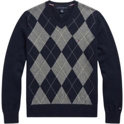 Tommy Hilfiger Mens Navy Blue Grey Argyle V-Neck Sweater M Preppy Collegiate