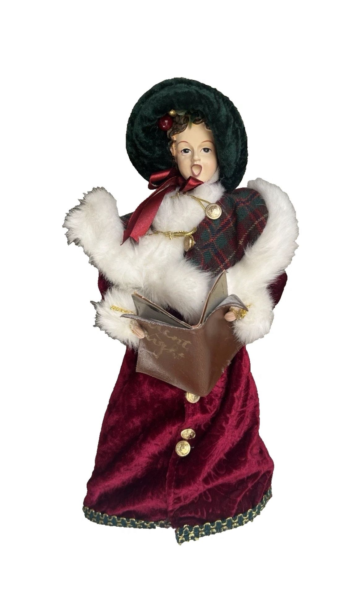 Vintage Tree Topper 15" Resin Female Christmas Caroler w Hymn Book Faux Fur