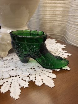 Green Glass Vintage Shoe Glass Planter 