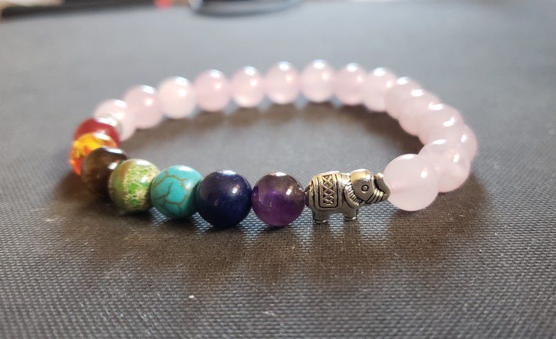 NATURAL 7 Chakra Rose Quartz Elephant Bracelet (Protection,calm emotions,increase Popularity,keep/attract Love,decision & $ making,remove negatively)