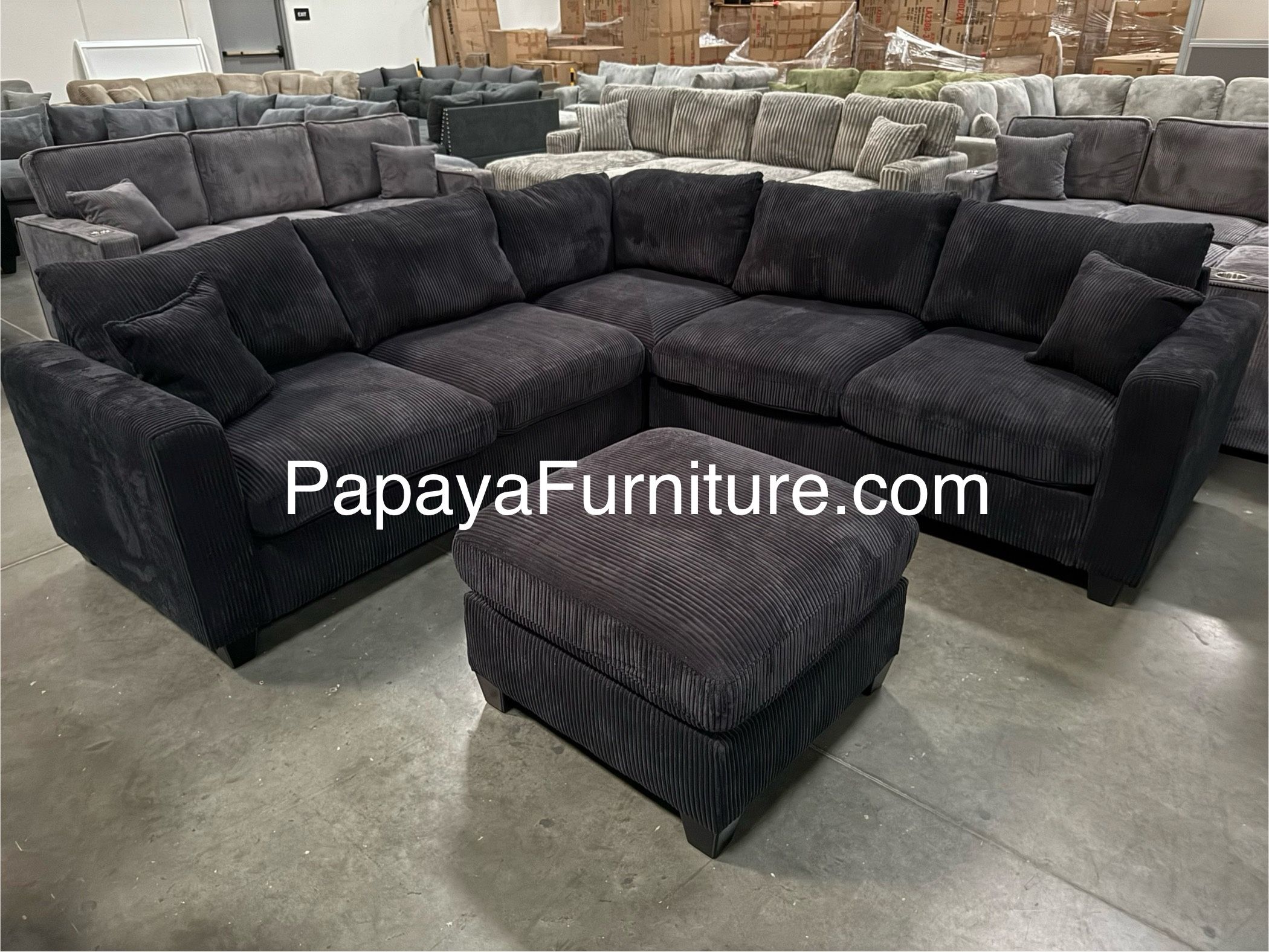New! Black Sectional Sofa And Ottoman, Black Couch, Black Corduroy Sectional. L-Shaped Sofa, Couch, Sectionals, Black Sofa, Black Sectional,Plush Sofa
