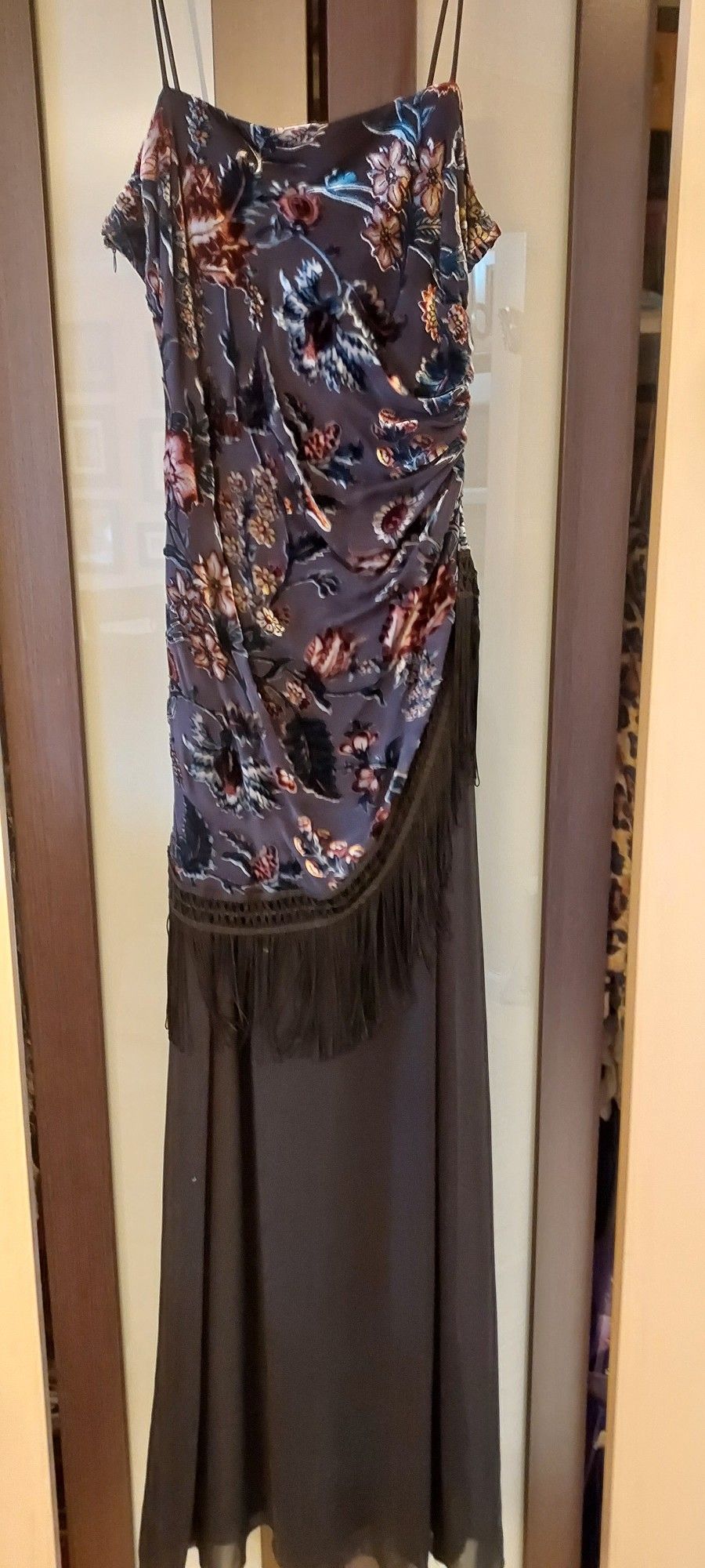 Embossed Velvet Fringe Formal Dress