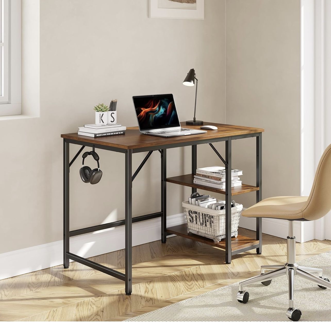 JOISCOPE Home Office Computer Desk with Wooden Storage Shelf, Office Desk and Gaming Table with Splice Board, 2-Tier 