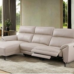 Brand New Off-White Top Grain Leather Power Reclining Sectional Sofa 