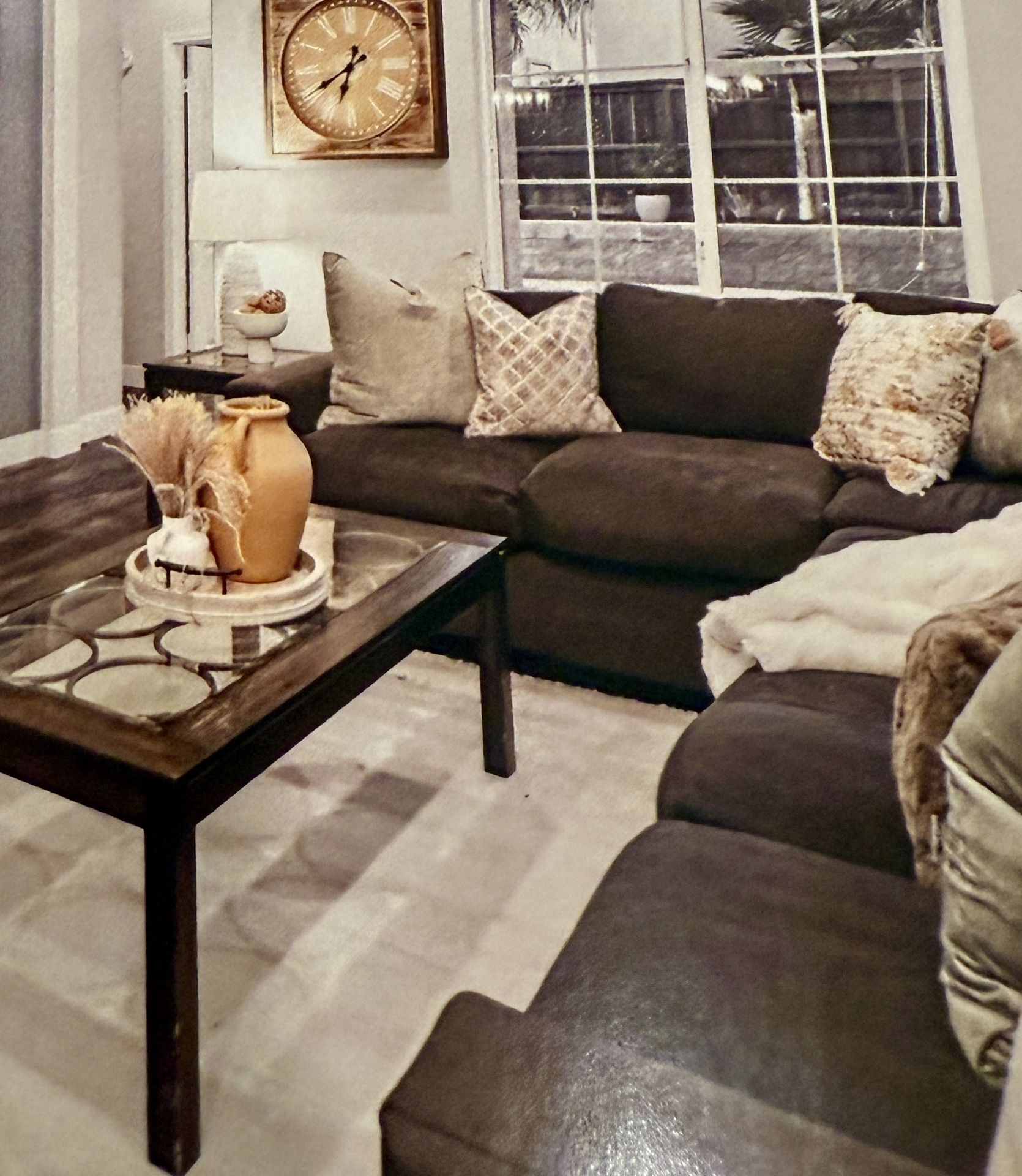 Brown sectional Sofa  With Coffee Table And Two Side Tables