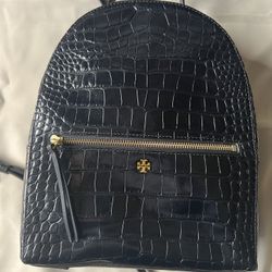 Tory Burch Croc Embossed Black Leather Backpack