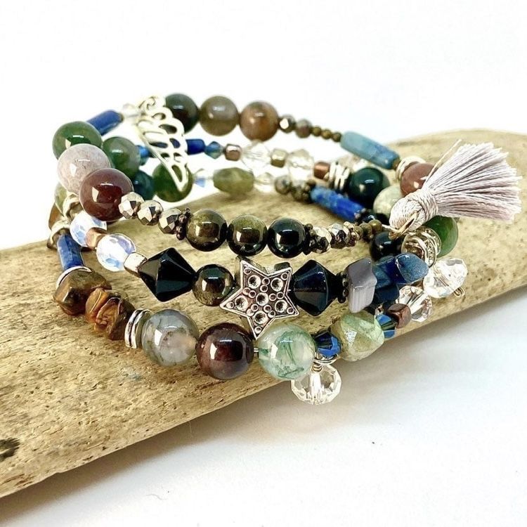 Bohemian Crystal, Bead, Sterling Triple Stacked Bracelet w/ Wing Charm One Sz