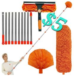15 Feet High Reach Extentable Dusting Kit, Window Cleaning Kit, High Ceiling Duster, Cobweb Microfiber Duster