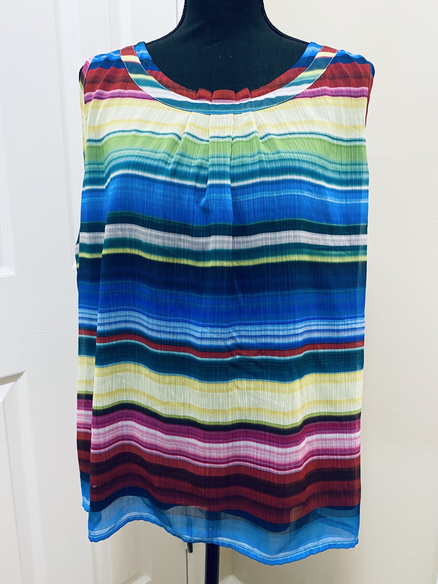 C J BANKS Sz 1X Colorful Stripe Dressy Shell W/Attached Navy Sleeveless EUC
