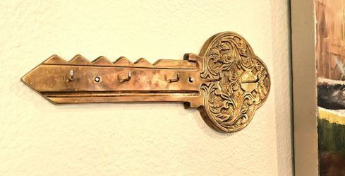 Large 12" Brass Skeleton Key Wall Hanging, Key Holder - Ornate Scroll Design