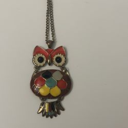 Vintage Multicolored Owl Pendant  Necklace. 3 X 1 Inches And Chain Measures 14 Inches 