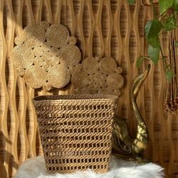 Vintage Geometric Woven Square Basket Light Pot Planter Wastebasket   Storage Boho Farmhouse Coastal