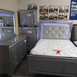 Silver LED Upholstered Panel Bedroom Set