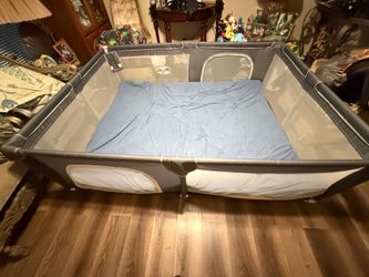 Playpen for sell selling as is If you can see in the picture we had to sew where my little one would always pick on it. We bought a full size mattre