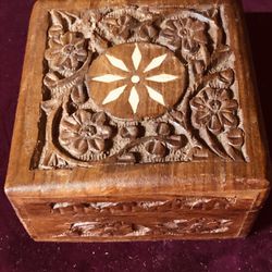 Vintage Handcarved Wooden Jewelry Box With Mother Of Pearl Designed Square And Matted Red 