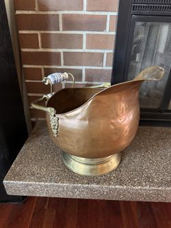 Vintage Copper & Brass Coal Scuttle w/ Porcelain Handles – Fireplace Decor