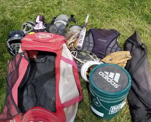 Everything in pic hitting net bats buckets of balls brand new cacther glove and gear fielding gloves