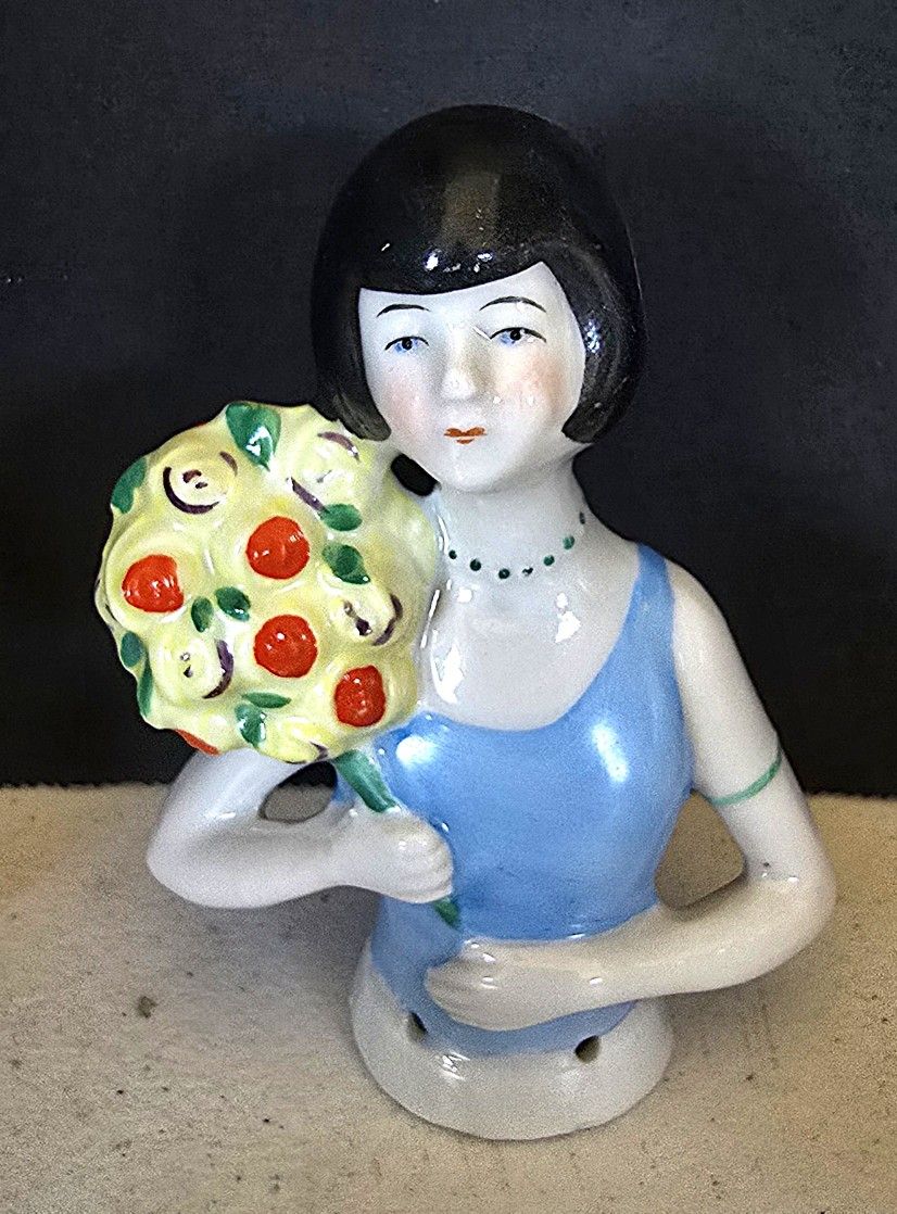 VTG 3.5" half doll / pincushion doll Girl w/black hair, blue dress & flowers