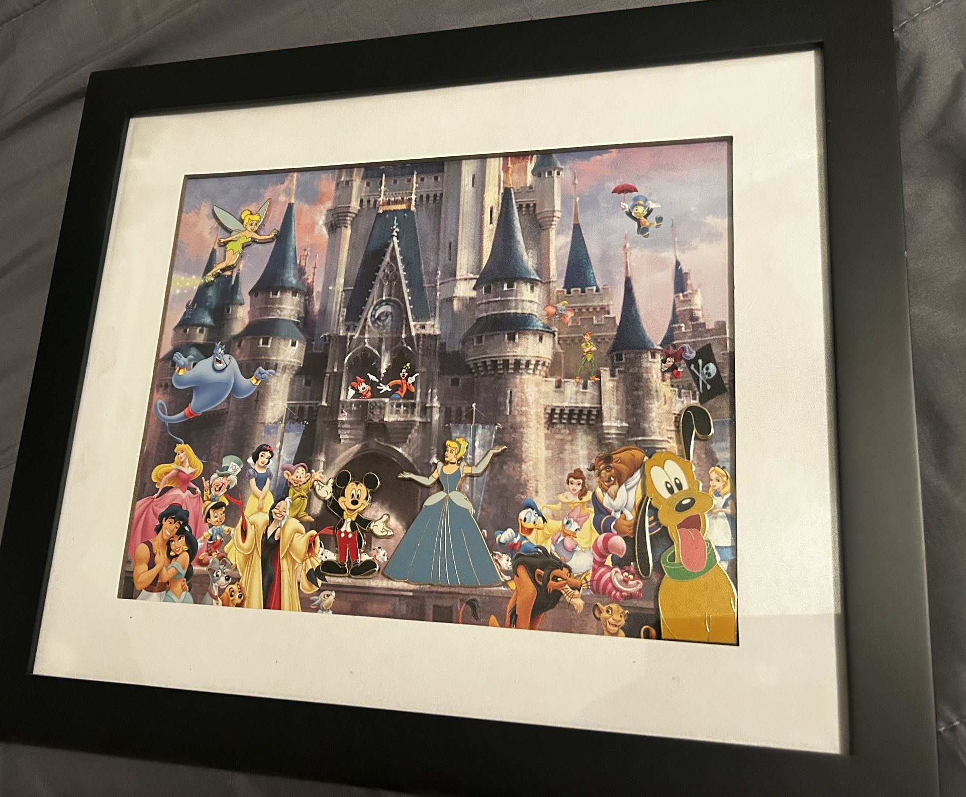 Cinderella Castle Disney Print Framed with Four Collectable Pins Set 13x15