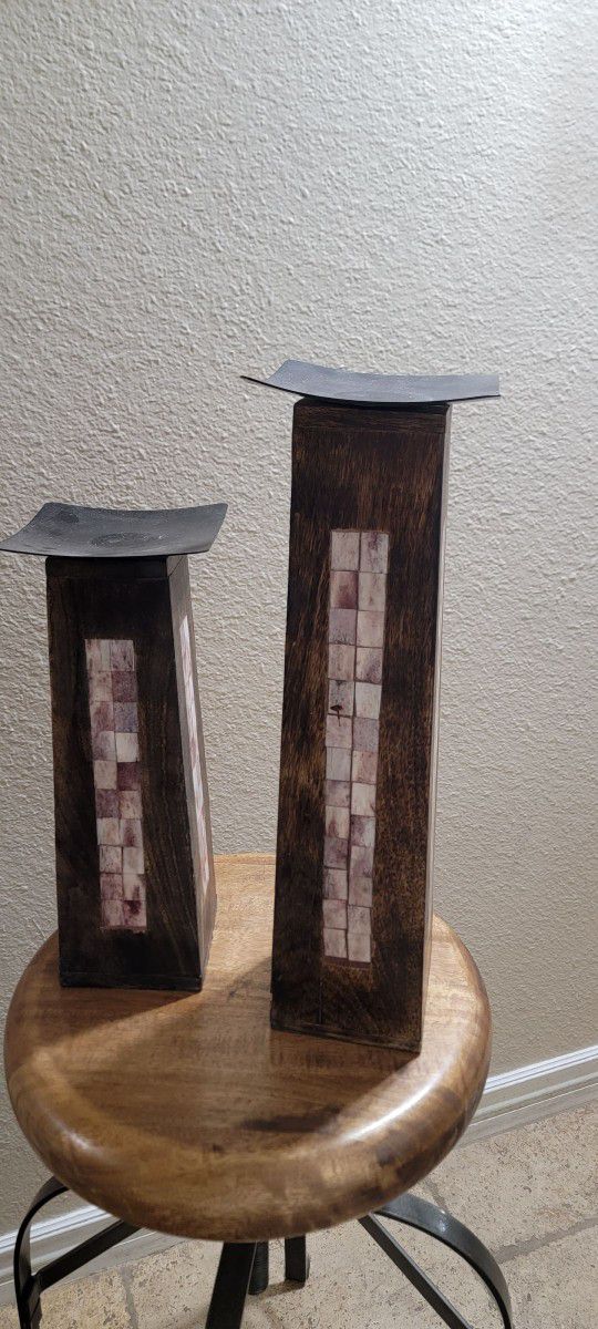 Huge Solid Farmhouse Reclaimed Wood Inlaid Candle Pillar Holders