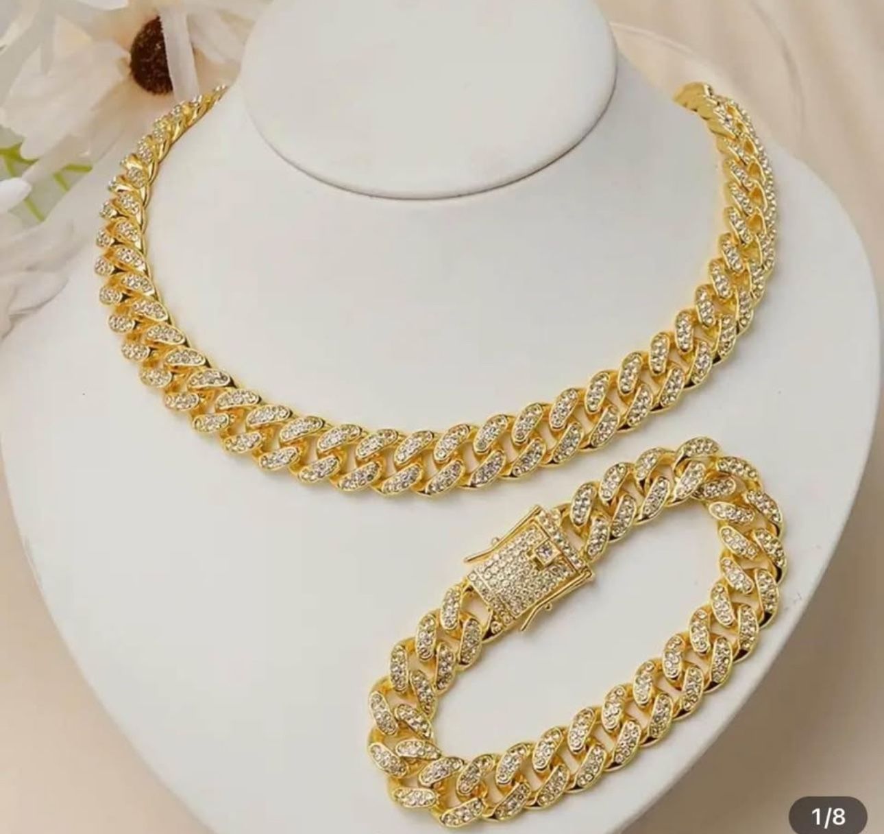 2pcs Stainless Steel 18 k gold plated Golden Rhinestones Necklace & Bracelet, Hip Hop