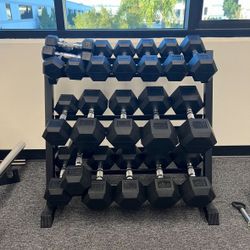 (New In Box) 5-50lb Rubber Hex Dumbbells With 3 Tier Dumbbell Rack Weights - Click On Out Profile For More Gym Equipment Via 