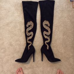 Black Knee High Boots, Golden Dragon Detail Size 8.5