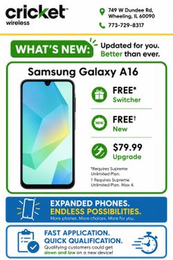 Free Samsung Galaxy A16 5G Phones # Cricket Wireless # 749 W Dundee Road Wheeling IL 60090# Smartphones # 5G # iPhones #