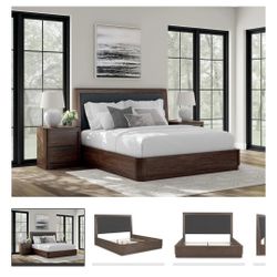MAHOGANY WOOD BLACK FABRIC HEADBOARD KING BEDROOM SET 5 PIECES SOLID NEW KING