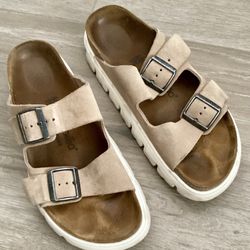 Size 9 9.5 Birkenstock Women's Arizona Chunky Sandals Papillio Beige Suede Leather