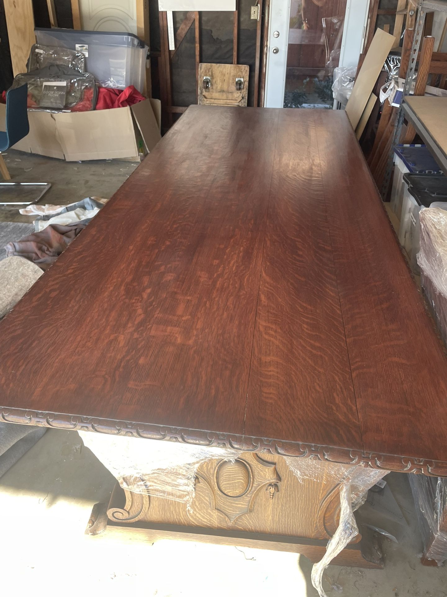 Antique Solid Oak Engraved Wood Table