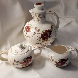 Vintage 1940s Japan NASCO Springtime Porcelain Set includes Lidded Pitcher, Lidded Sugar Bowl, and Creamer.