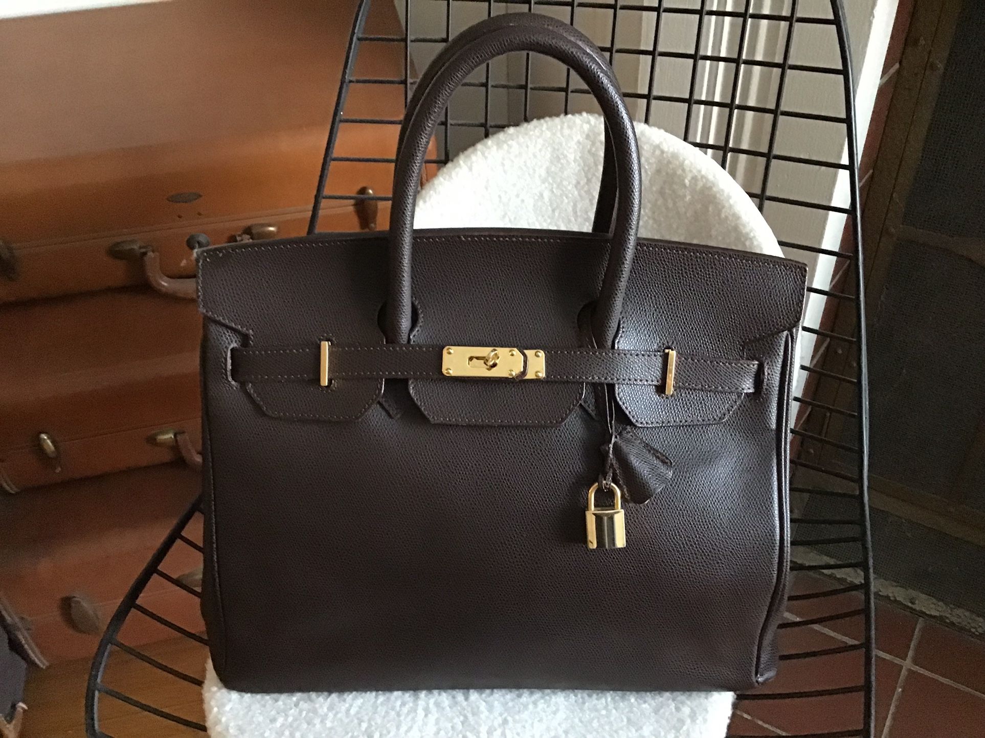 NEW Birkin STYLE bag Dark Chocolate Brown Gold Hardware Real Suede Lining NOT HERMES
